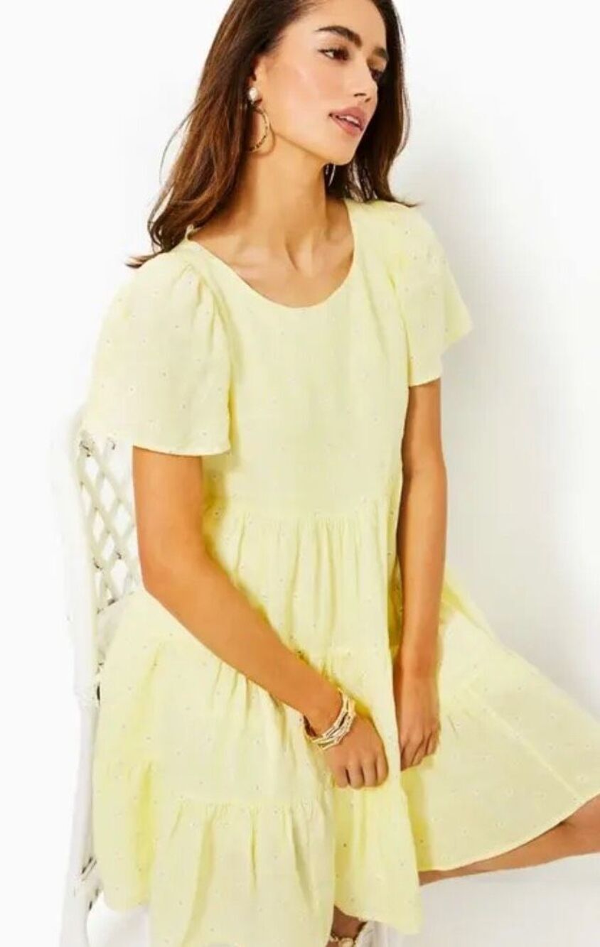 NWT Lilly Pulitzer Yellow Embroidered Tiered Mini Dress Jocelyn Linen Dress, Sma - Picture 3 of 11